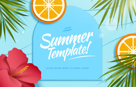 Paper art style summer poster template with blue arch shape board surrounded by tropical leaves, orange slices and hibiscus flowers.のイラスト素材