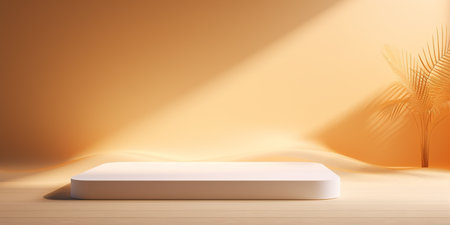 Sunlight falls on white podium with orange wavy textile form and plant at the corner. Background template. Created with Generative AI technologyの素材