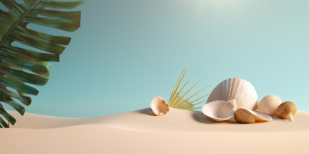Seashell and palm leaf decor on beach sand scene. Tropical background template. Created with Generative AI technologyの素材
