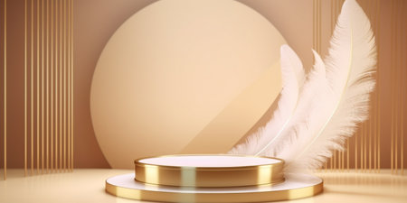 Gold podium with giant white feathers decor and beige round plates background template. Created with Generative AI technologyの素材