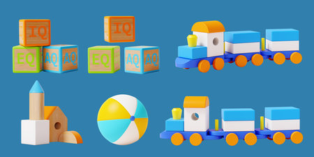 3D adorable baby toys elements isolated on blue background. Quotients wooden blocks, constructor train, inflatable ball, and blocks built castle.の写真素材