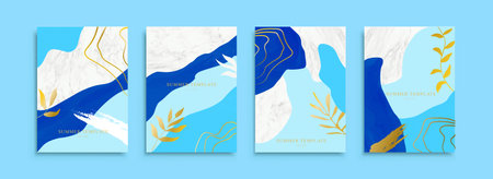 Illustrated abstract summer poster template set isolated on light blue background. Blue gradient layer pattern with drawing of gold lines and leavesのイラスト素材