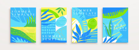 Illustrated abstract summer poster template set. Contrast color pattern with brush stroke texture...