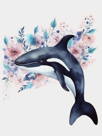 Watercolor style orca whale surrounded by soft pastel floral. Created with Generative AI technologyの素材