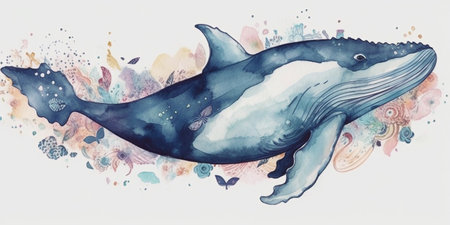 Watercolor style swimming blue whale surrounded by colorful design elements on white background. Created with Generative AI technologyの素材