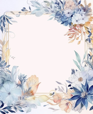 Watercolor style cold tone wildflowers and leaves decorated square shape frame on white background. Created with Generative AI technologyの素材