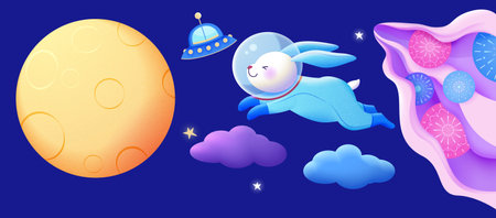 Playful outer space elements isolated on dark blue background. Rabbit in space suit, full moon, spaceship and layer cloud with round flower pattern.のイラスト素材