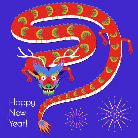 Vibrant red traditional Chinese dragon and firework pattern isolated on blue background. Concept of good luck and prosperity on Lunar New Year holiday.のイラスト素材
