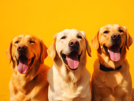 Three cute golden retrievers smiling happily on yellow background. Created with generative AI technologyの素材