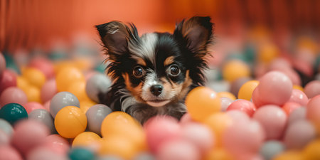 Little puppy in colorful ball pit. Created with Generative AI technologyの素材