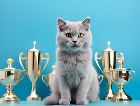 Proud cat sitting in the middle of golden trophies on sky blue background. Created with Generative AI technologyの素材