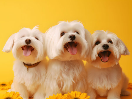 Three cute Maltese puppies sitting and smiling happily on yellow background with sunflowers on the floor. Created with generative AI technologyの素材