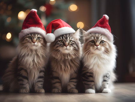 Close up of three fluffy tabby cats in santa hat sitting on hardwood floor. Created with Generative AI technologyの素材