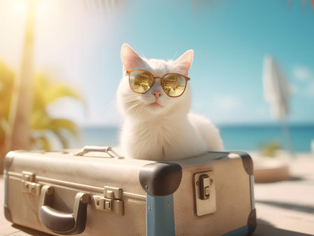 Cool white cat in sunglasses sitting on vintage style suitcase at the beach. Created with generative AI technologyの素材