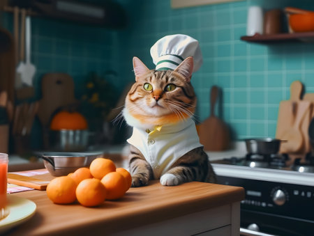Cute kitten wearing chef hat and uniform waiting by kitchen counter. Cozy kitchen background. Created with Generative AI technologyの素材