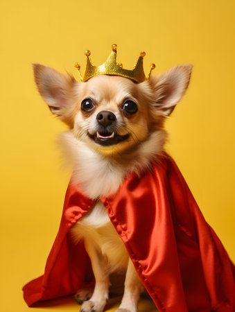 Cute chihuahua in red cape and golden crown on yellow background. Created with Generative AI technologyの素材
