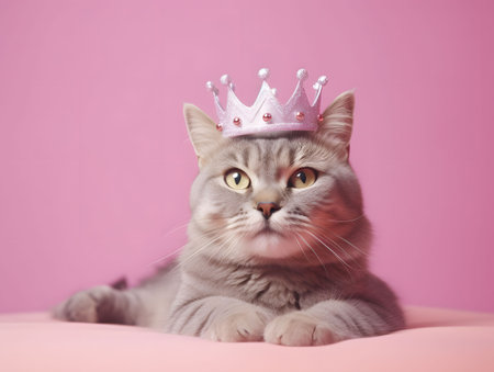 Elegant cat wearing shimmery crown laying on soft cushion on pink background. Created with Generative AI technologyの素材