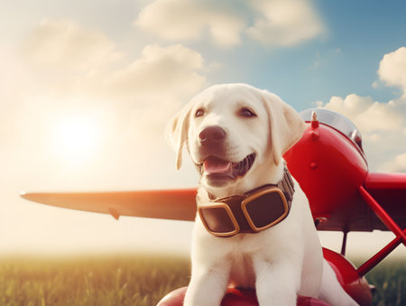 Happy dog with flying goggles around neck sitting on in front of a red biplane on sunny day. Created with Generative AI technologyの素材