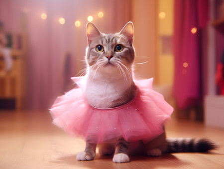 Cute kitten wearing pink glitter tutu. Serene indoor fade out background. Created with Generative AI technologyの素材