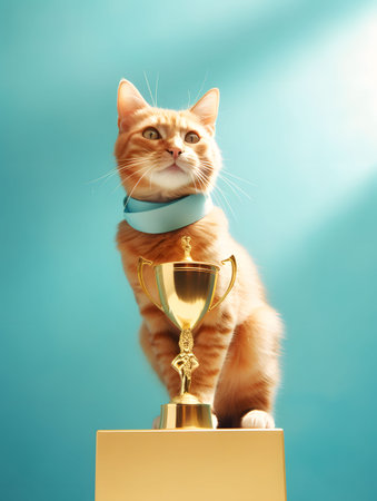 Adorable kitten with ribbon collar sitting on a podium behind gold trophy on sky blue background. Created with Generative AI technologyの素材