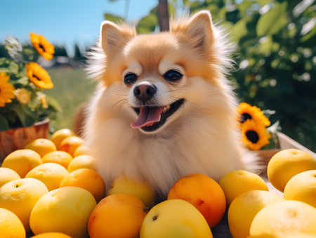 Happy puppy surrounded by freshly harvest oranges and sunflowers. Sunny garden blurred background. Created with Generative AI technologyの素材