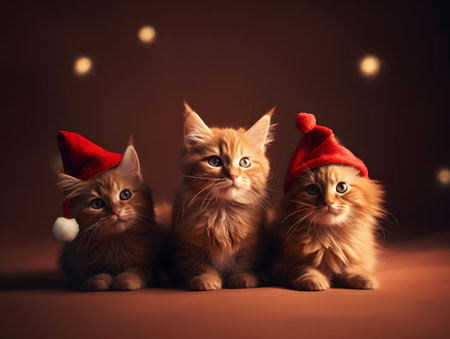 Close up of cute kittens in little elf's hat lying side by side on brown background. Created with Generative AI technologyの素材