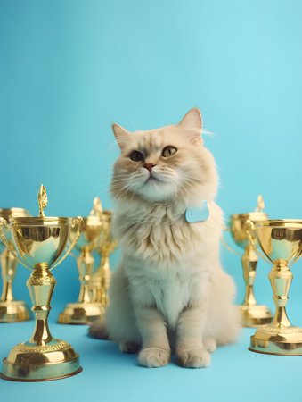 Proud cat sitting in the middle of golden trophies on sky blue background. Created with Generative AI technologyの素材