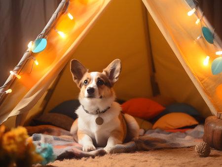 Cute puppy sitting at the camping tent with decorative string lights. Created with Generative AI technologyの素材