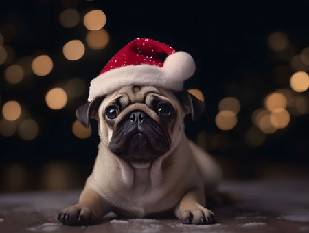Cute pug dog in Santa's hat on dark background with bokeh effect. Created with Generative AI technologyの素材