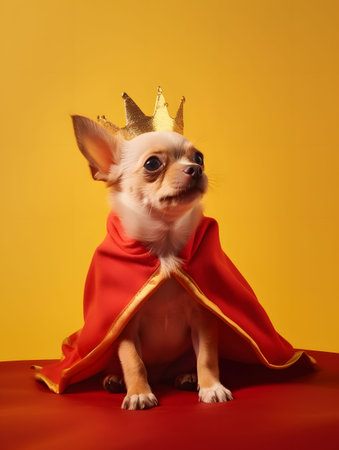Little chihuahua wearing red cape and golden crown on yellow background. Created with Generative AI technologyの素材