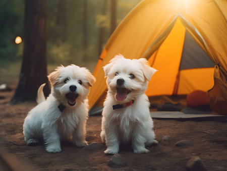 White puppies hanging out in front of yellow tent in forest with streak of sunlight. Created with Generative AI technologyの素材
