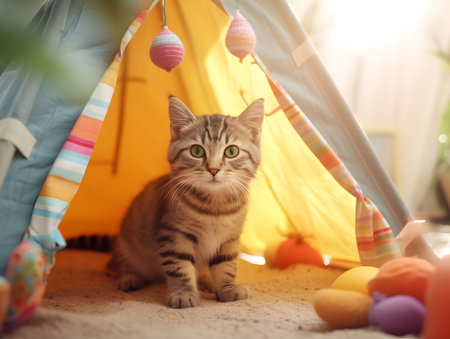 Cute kitten sitting in colorful camping tent decorated with knitted decorations. Created with Generative AI technologyの素材