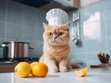 Cute kitten wearing chef hat sitting by kitchen counter. Cozy kitchen background. Created with Generative AI technologyの素材