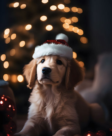 Close up of cute golden retriever in Santa hat on dark background with bokeh blurred background. Created with Generative AI technologyの素材