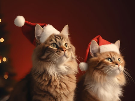 Cute kittens wearing santa hat on red background with bokeh light effect. Created with Generative AI technologyの素材