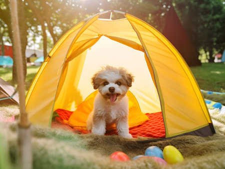 Cute puppy sitting in camping tent at a sunny park. Created with Generative AI technologyの素材