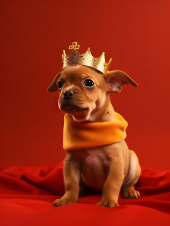 Little puppy wearing yellow scarf and golden crown on red background. Created with Generative AI technologyの素材