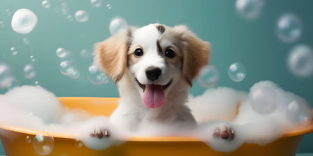Close up happy puppy taking a bubble bath in a bathtub surrounded by floating bubble. Created with Generative AI technologyの素材