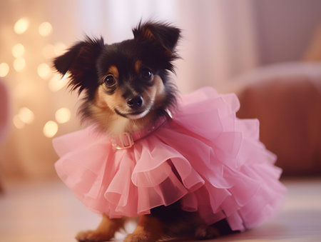 Cute little puppy wearing pink tutu with stylish belt collar. Serene indoor fade out background. Created with Generative AI technologyの素材