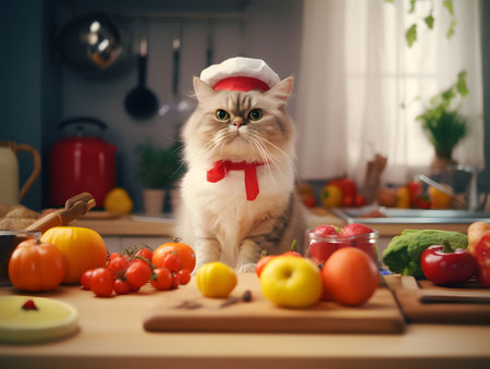 Fluffy kitten wearing chef hat and red ribbon on neck waiting by kitchen counter full with vegetable ingredients. Modern blurred kitchen background. Created with Generative AI technologyの素材