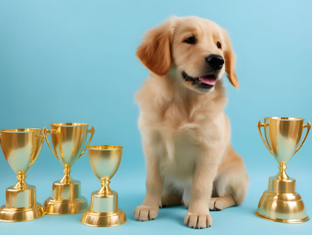 Happy dog sitting in the middle of golden trophies on sky blue background. Created with Generative AI technologyの素材