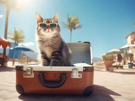 Cool cat wearing sunglasses sitting in an opened suitcase on summer vacation. Created with Generative AI technologyの素材