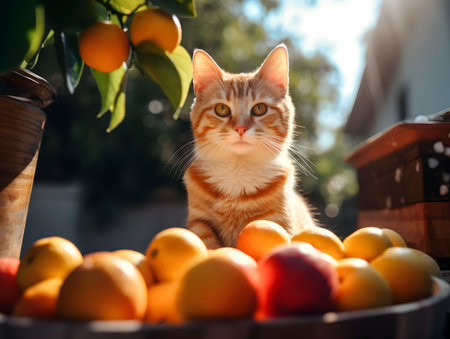Cute cat sitting by basket filled with freshly oranges. Blurred street harvest view background. Created with Generative AI technologyの素材