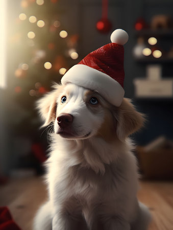 Close up of cute border collie wearing Santa hat in cozy home with festive decorations. Created with Generative AI technologyの素材