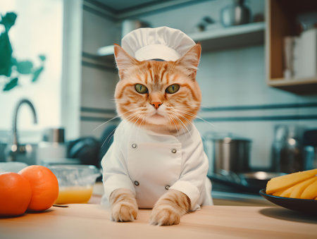 Cute kitten wearing chef hat and uniform waiting by kitchen counter. Cozy kitchen background. Created with Generative AI technologyの素材