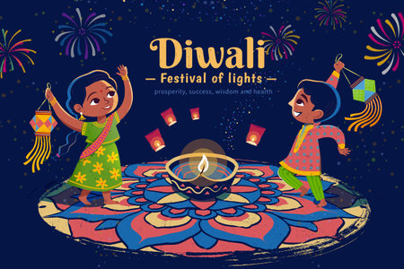 Children holding traditional lanterns around rangoli pattern on beautiful night sky with fireworkのイラスト素材