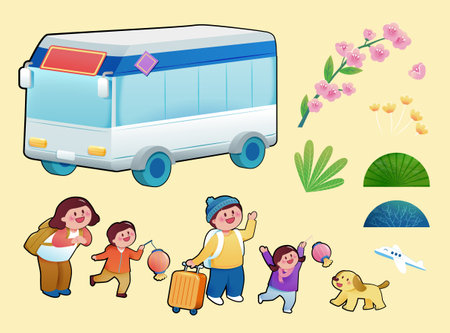 Spring outing element set isolated on light yellow background. Bus, plants, plane, and family.のイラスト素材