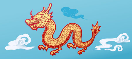 Auspicious paper art style dragon and oriental cloud CNY elements isolated on light blue background.のイラスト素材