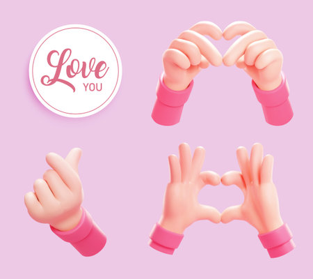 3D adorable love hand gesture and round card elements isolated on light pink background.のイラスト素材