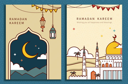 Ramadan line style design template set isolated on blue pattern background.のイラスト素材